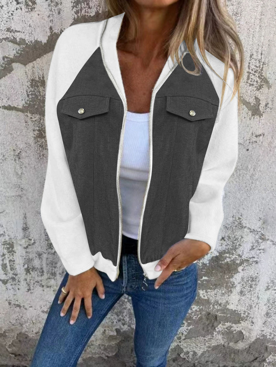 Damen Kapuzen‑Sweatjacke mit Jeansoptik‑Front, Brustklappen und Reißverschluss Drune