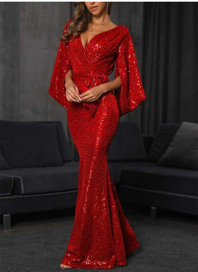 Damen Elegantes Abendkleid mit Pailletten und tiefem V-Ausschnitt Drune