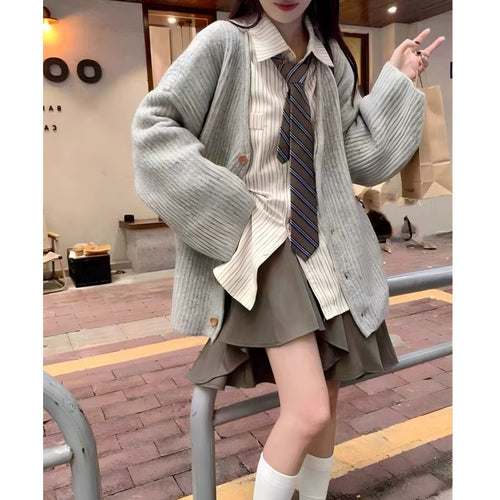 Damen gemütliche Strickjacke mit Knopfverschluss und V-Ausschnitt Drune