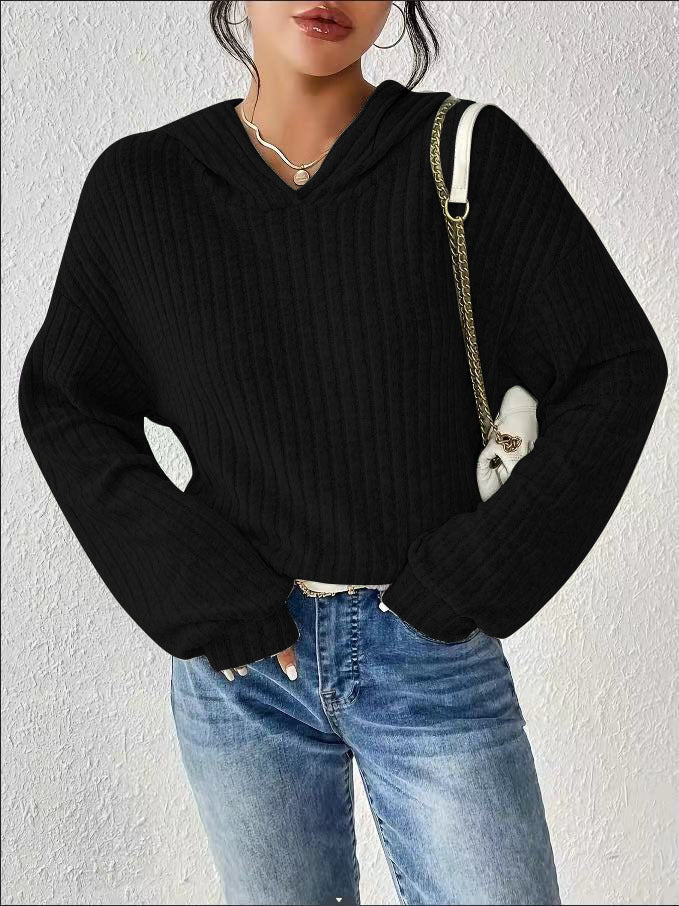 Damen Gerippter Kapuzenpullover mit V-Ausschnitt und Oversize-Ärmeln Drune