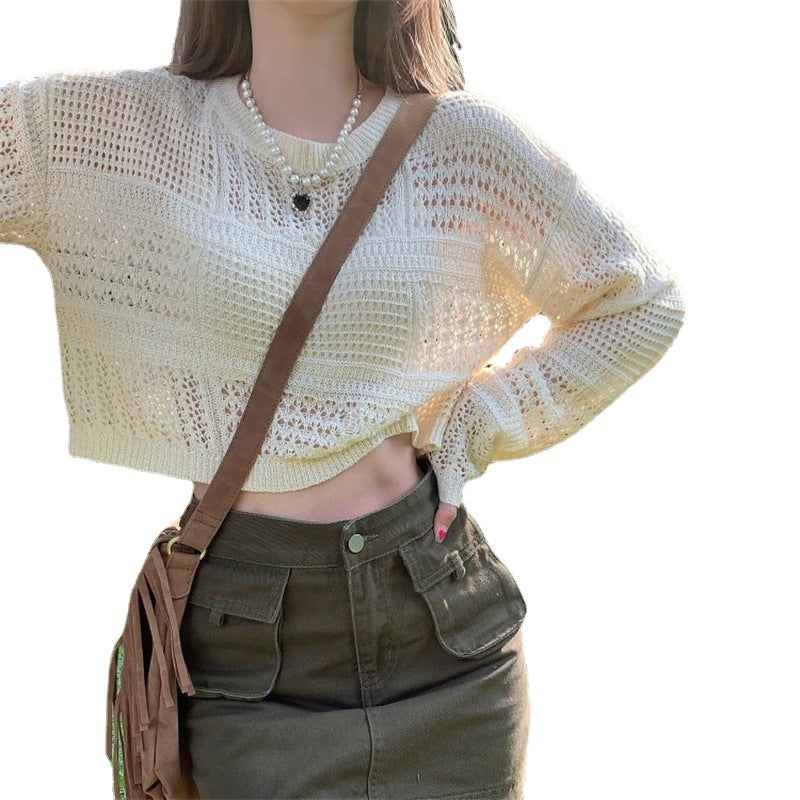 Damen Lässiger Netzpullover mit weiten Ärmeln und Rundhalsausschnitt Drune