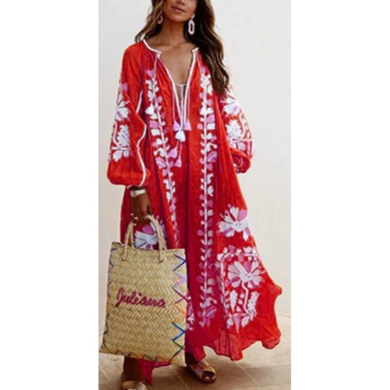 Damen Besticktes Boho-Maxikleid mit Ballonärmeln und Quastenverschluss Drune