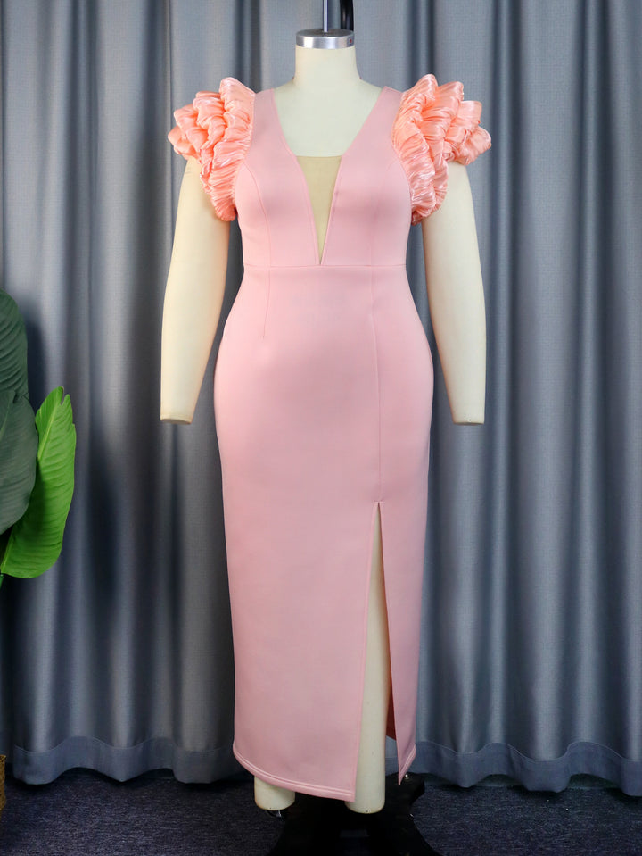 Damen Maxikleid mit extravagantem Volant und tiefem V-Ausschnitt Drune