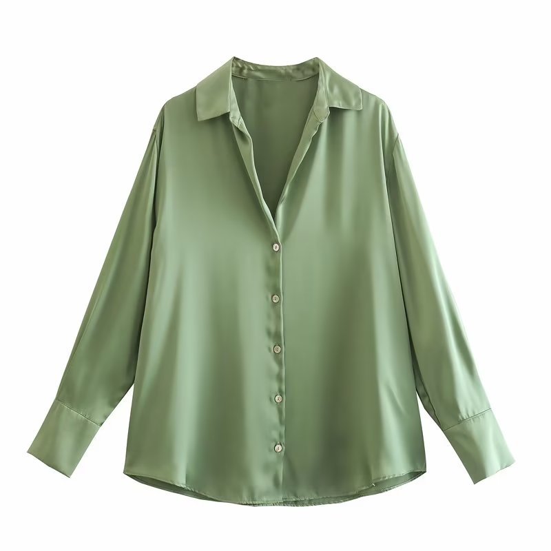 Damen Oversized Satinbluse mit Hemdkragen und breiten Manschetten Drune