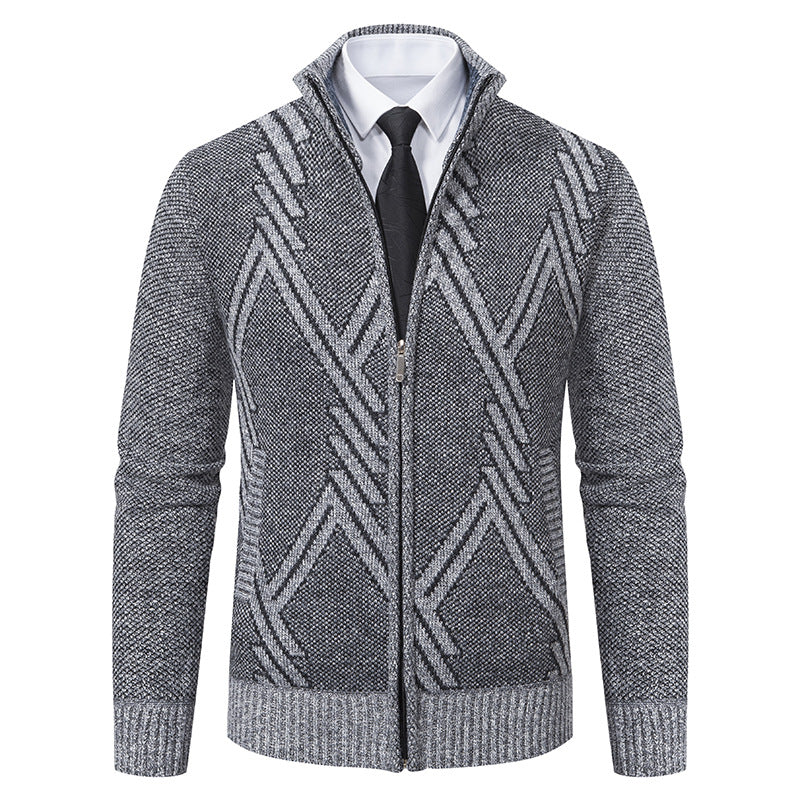 Herren Feiner Jacquard-Cardigan mit durchgehendem Reißverschluss, Stehkragen und Eingrifftaschen Drune
