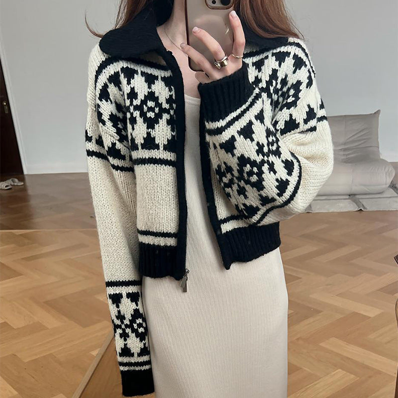Damen Strickjacke mit floralem Muster und hoher Kragen Drune