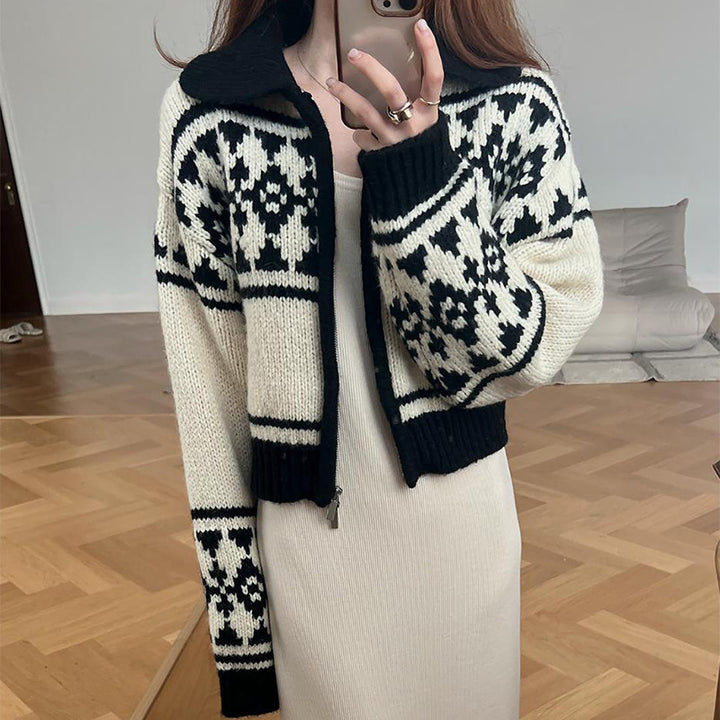 Damen Strickjacke mit floralem Muster und hoher Kragen Drune