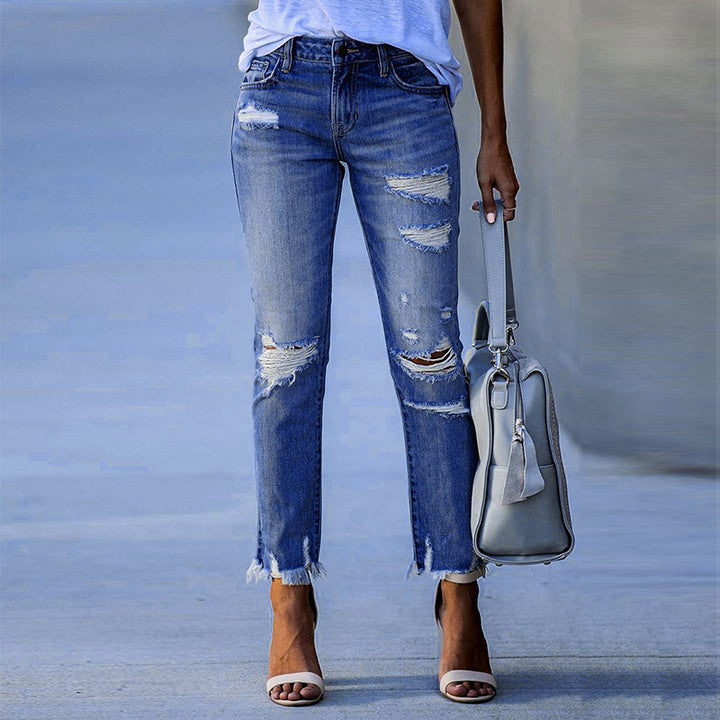 Damen Ripped High-Waist Jeans mit fransigem Saum und modischen Destroyed-Details Drune
