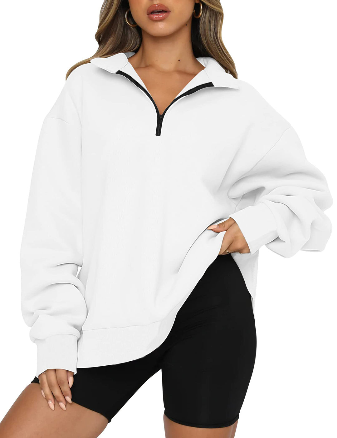 Damen lässiger Sweatpullover mit halbem Reißverschluss und überschnittenen Schultern Drune