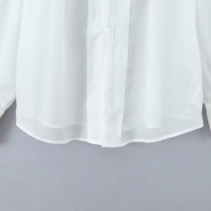 Damen elegante Chiffonbluse mit raffinierten Puffärmeln und edlem Kragen Drune