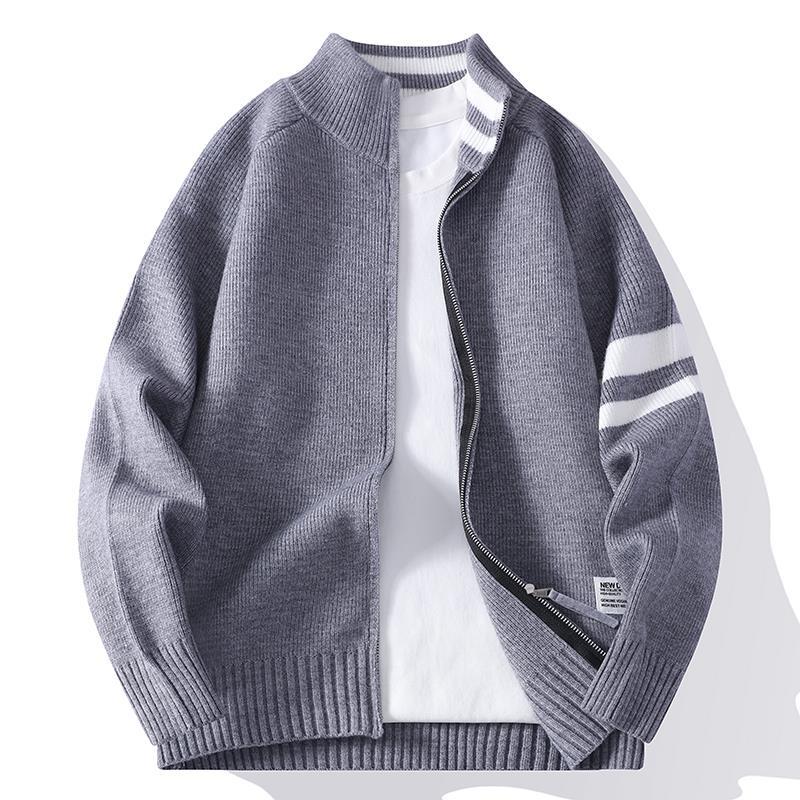 Herren nan gestrickte Zip-Cardigan im College-Stil mit gestreiftem Ärmelband und geripptem Stehkragen Drune