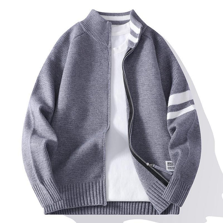 Herren nan gestrickte Zip-Cardigan im College-Stil mit gestreiftem Ärmelband und geripptem Stehkragen Drune