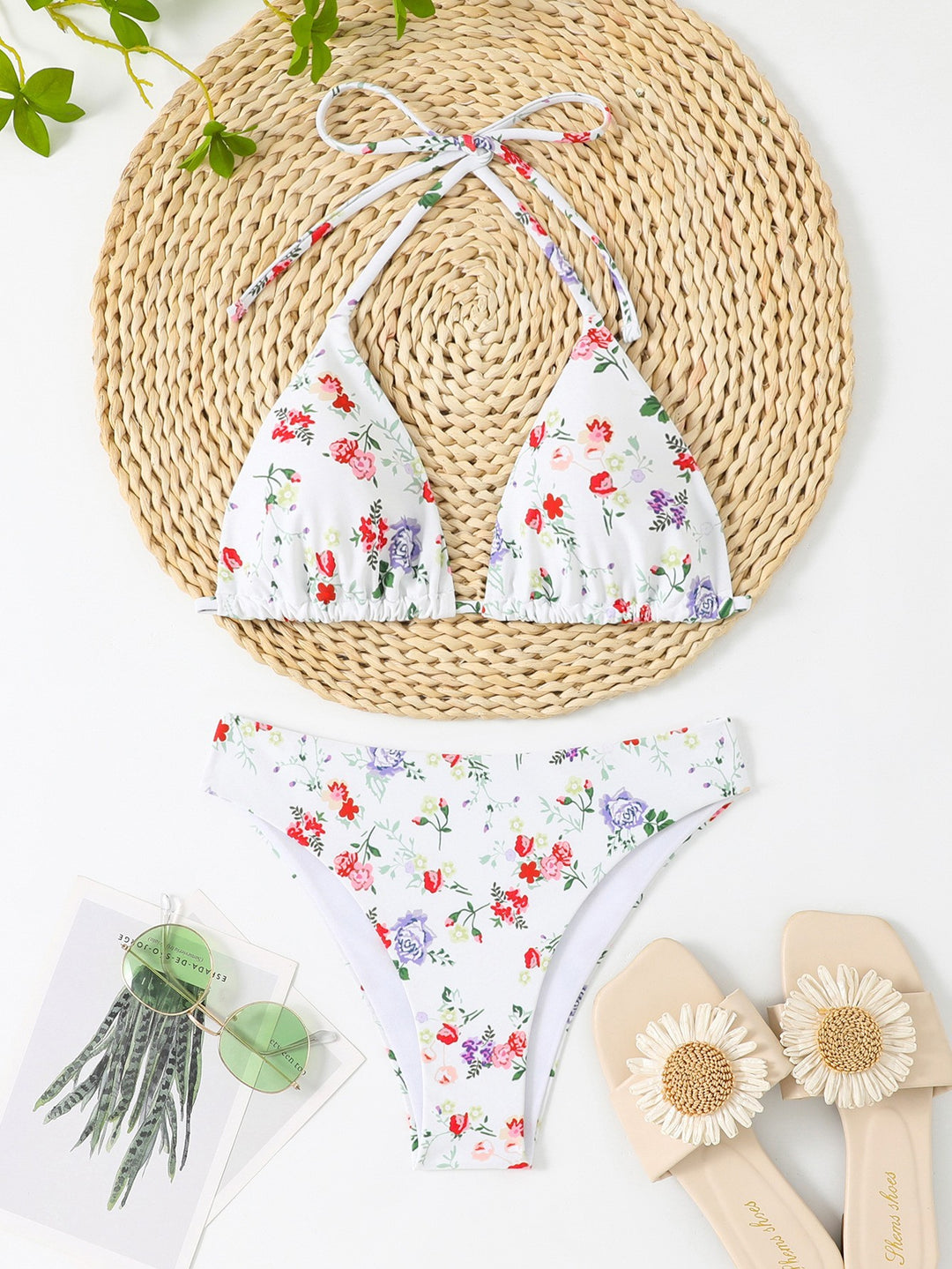 Damen Triangel-Bikini mit Floral- und Karomuster Drune