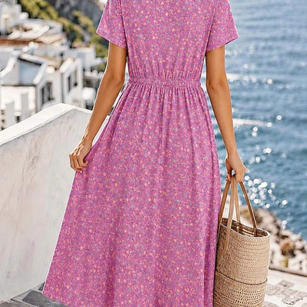 Damen Midikleid mit floralem Alloverprint, Tunnelzugtaillenband und Knopfleiste Drune