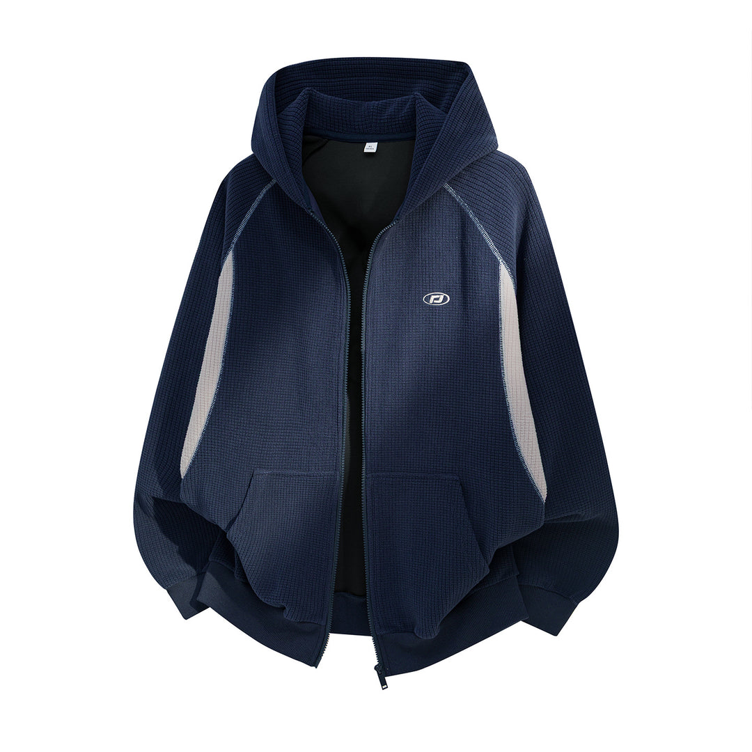 Unisex Oversize Waffelstrick-Kapuzenjacke mit durchgehendem Reißverschluss und Kängurutaschen Drune