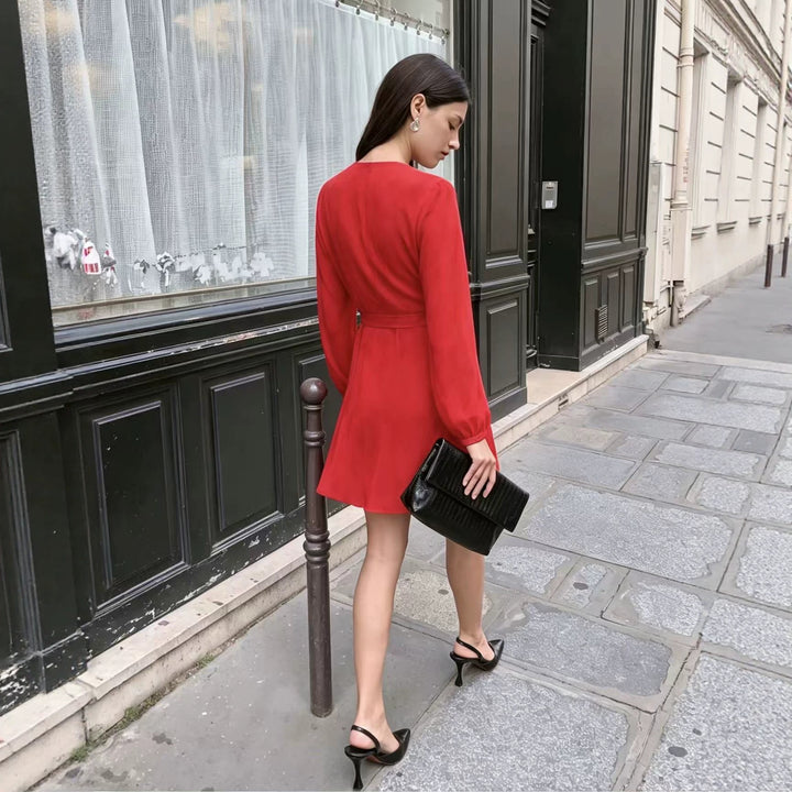 Damen Elegantes Wickel-Minikleid mit tiefem V-Ausschnitt und langen Ärmeln Drune