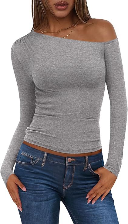 Damen Schulterfreies, figurnahes Ripp-Langarmtop mit asymmetrischem Ein-Schulter-Schnitt Drune