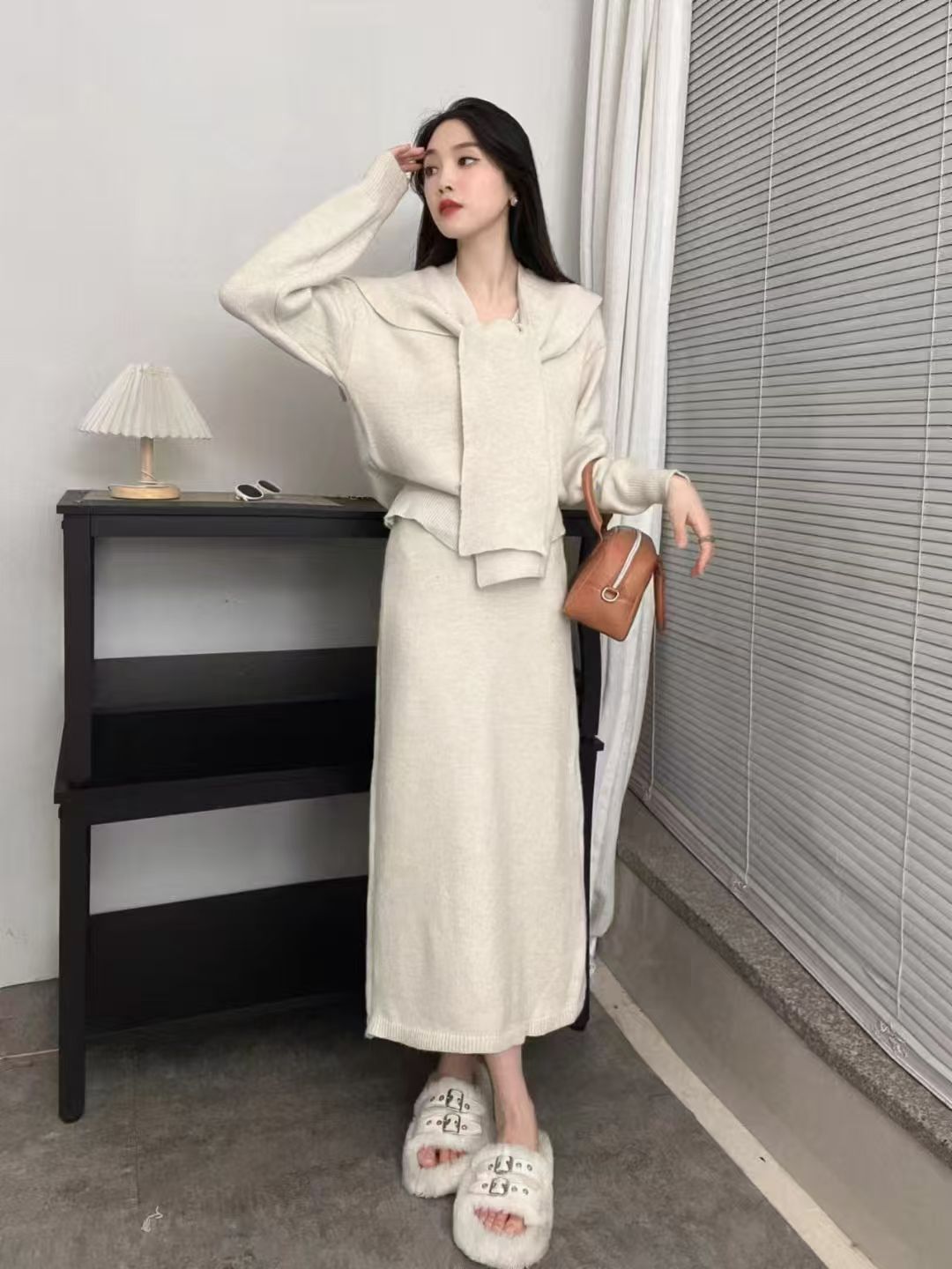 Damen Strickensemble mit modischem Kragen und eleganter Silhouette Drune