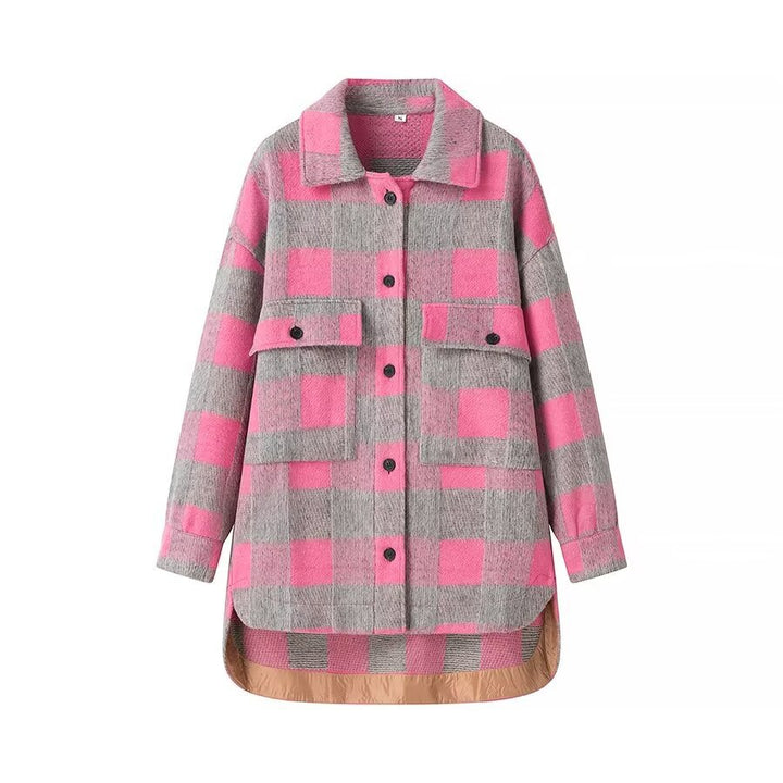 Damen nan oversized karierte Hemdjacke im Shacket-Stil mit aufgesetzten Pattentaschen und verlängertem Rundsaum Drune