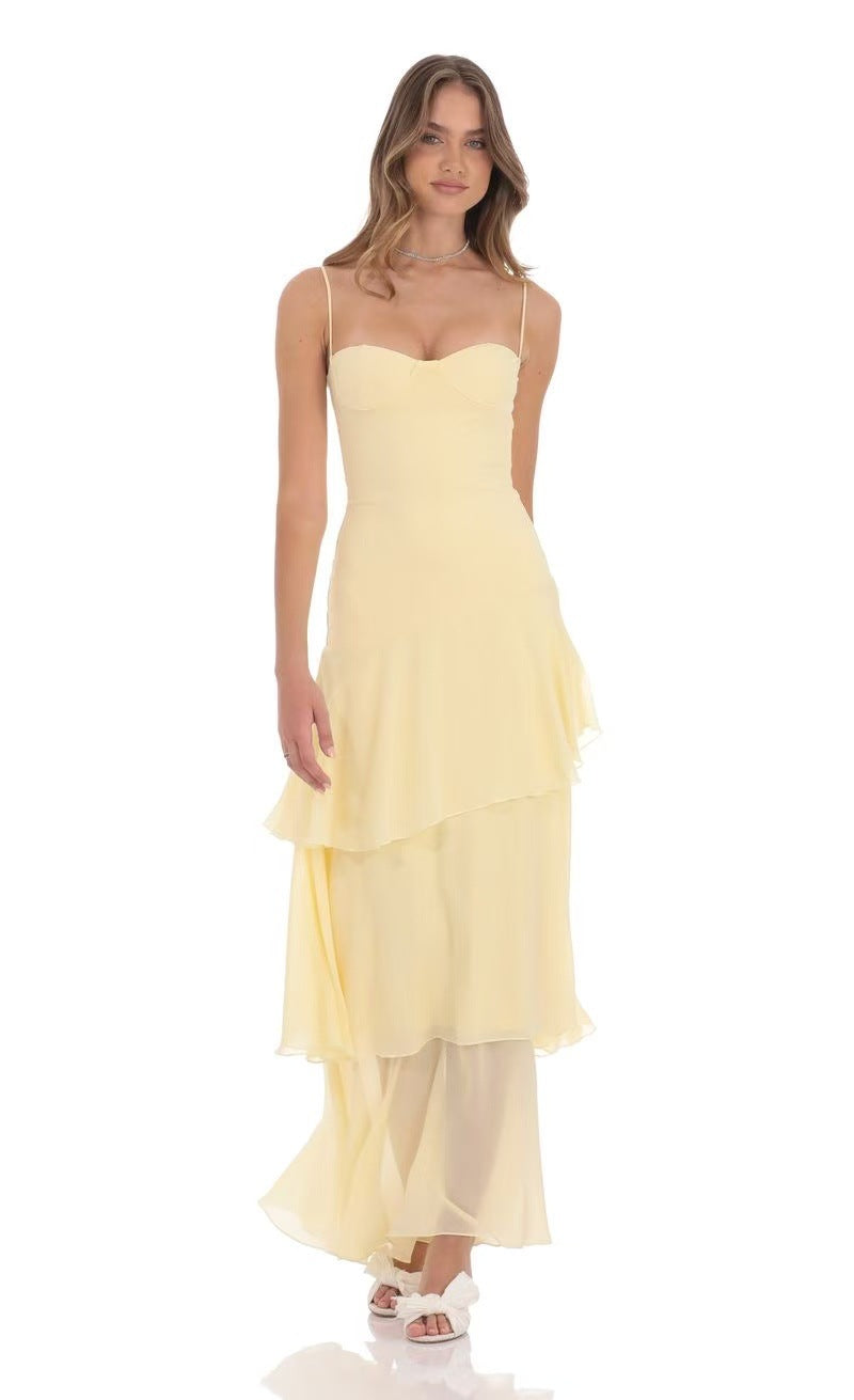 Damen nan romantisches Stufen-Maxikleid mit Herzausschnitt und feinen Spaghettiträgern Drune