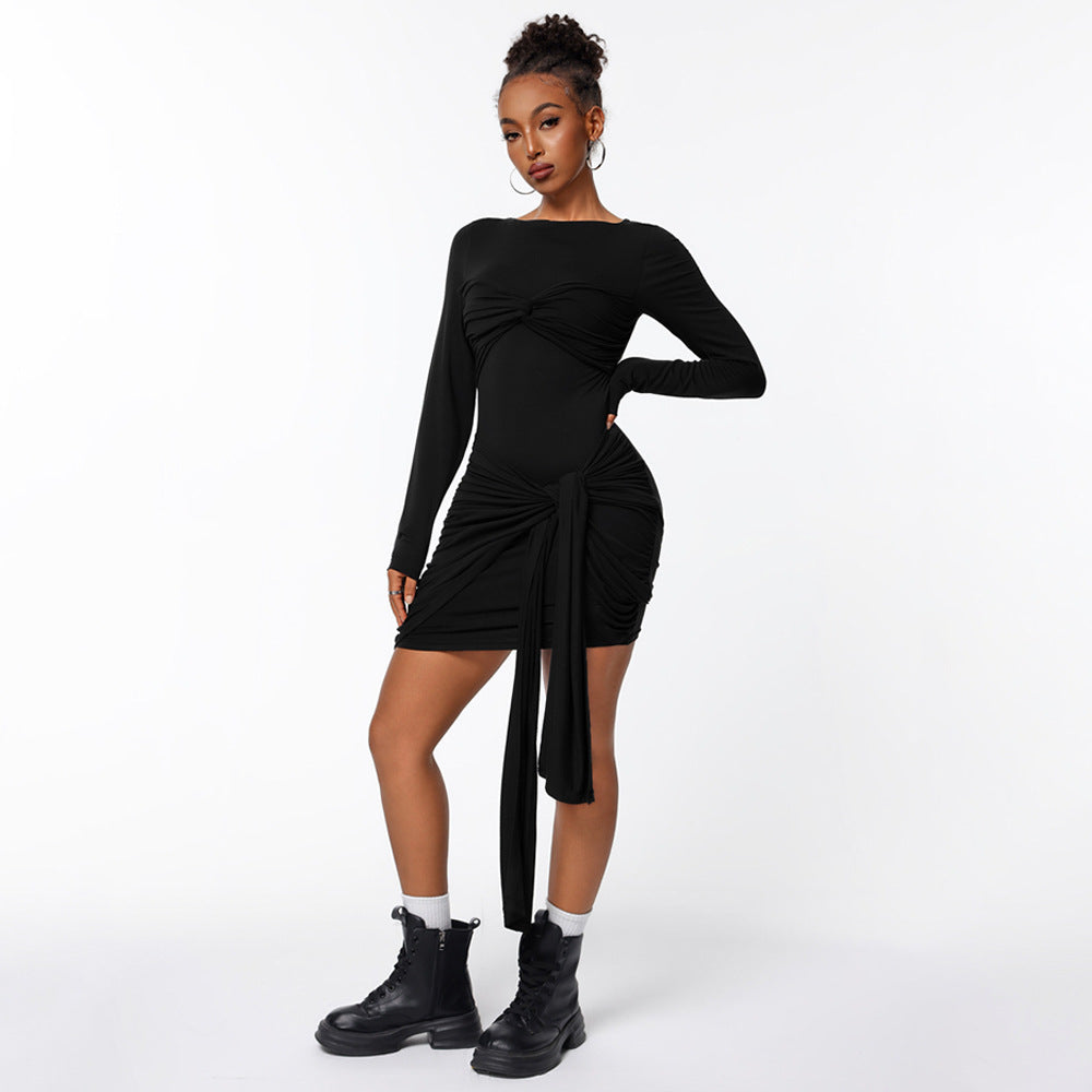 Damen figurbetontes Minikleid mit asymmetrischer Knotendrapierung, taillierter Raffung und langem Ärmelschal Drune
