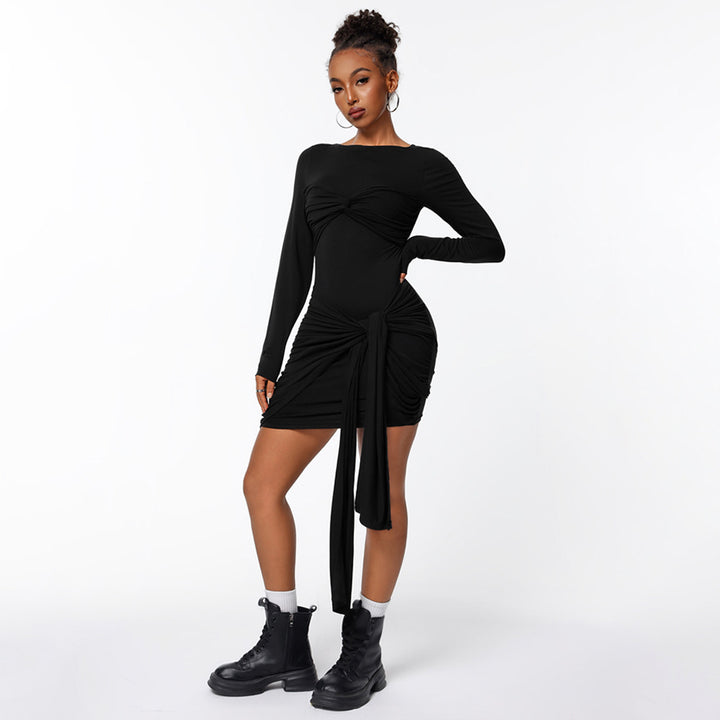 Damen figurbetontes Minikleid mit asymmetrischer Knotendrapierung, taillierter Raffung und langem Ärmelschal Drune