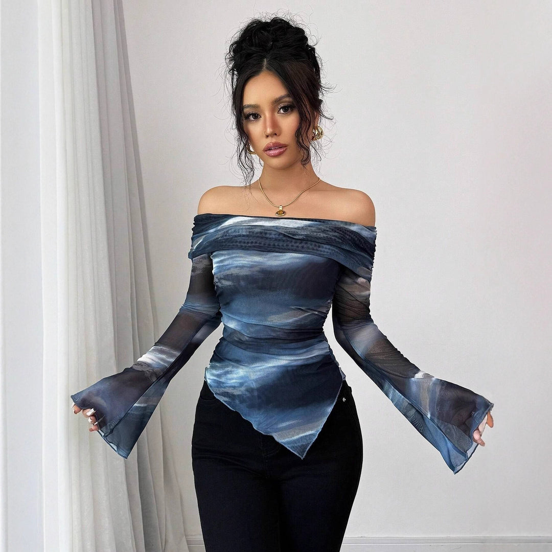 Damen Off-Shoulder Bluse mit floralen Transparenzelementen und asymmetrischem Schnitt Drune