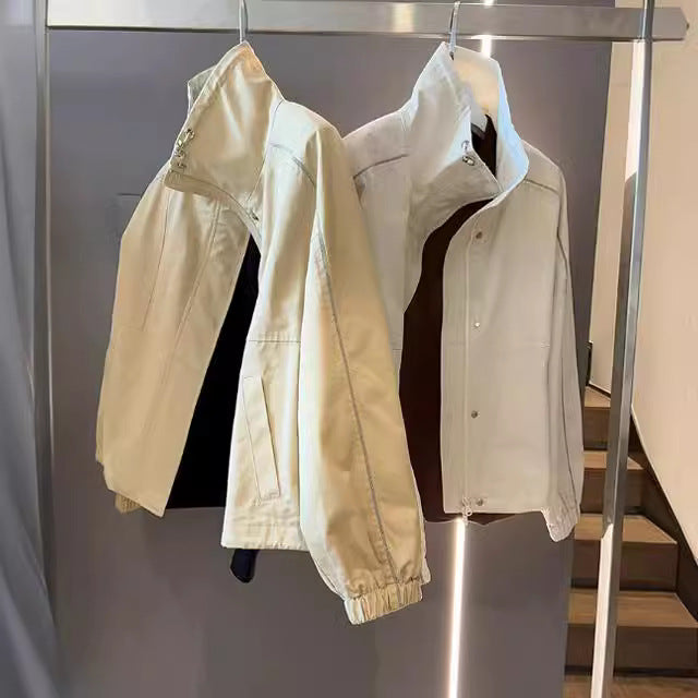 Damen Leichte Overshirt‑Jacke mit Stehkragen, Druckknopfverschluss & Kontrastnaht Drune