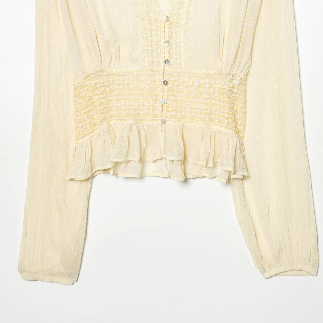 Damen nan leichte V-Neck Bluse mit Smok-Taillenband, Perlmuttknopfleiste und Volant-Saum Drune