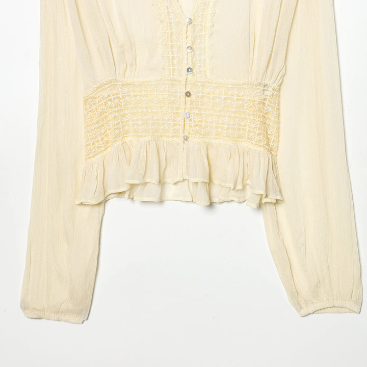 Damen nan leichte V-Neck Bluse mit Smok-Taillenband, Perlmuttknopfleiste und Volant-Saum Drune
