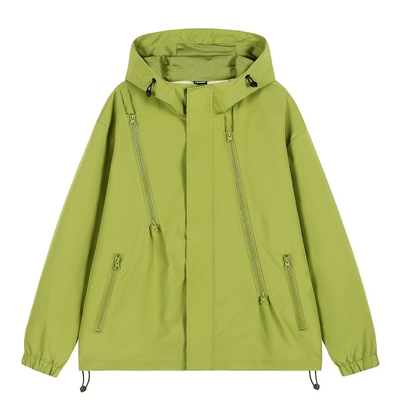 Damen Kurze technische Kapuzenjacke mit asymmetrischen Reißverschlüssen & Kordelzug Drune