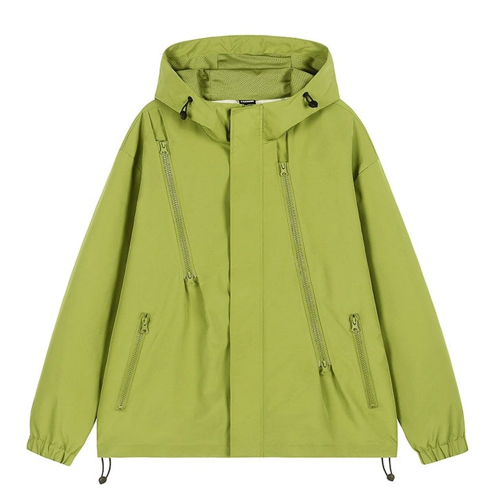 Damen Kurze technische Kapuzenjacke mit asymmetrischen Reißverschlüssen & Kordelzug Drune