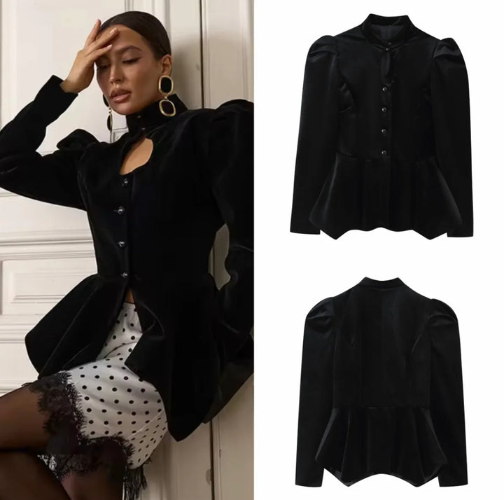 Damen 100+ taillierte Satinbluse mit Stehkragen, Puffärmeln und Schößchen Drune