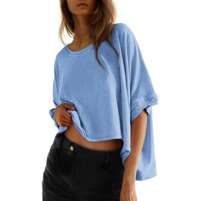 Damen lässiges cropped Oberteil mit weiten Ärmeln und Rundhalsausschnitt Drune