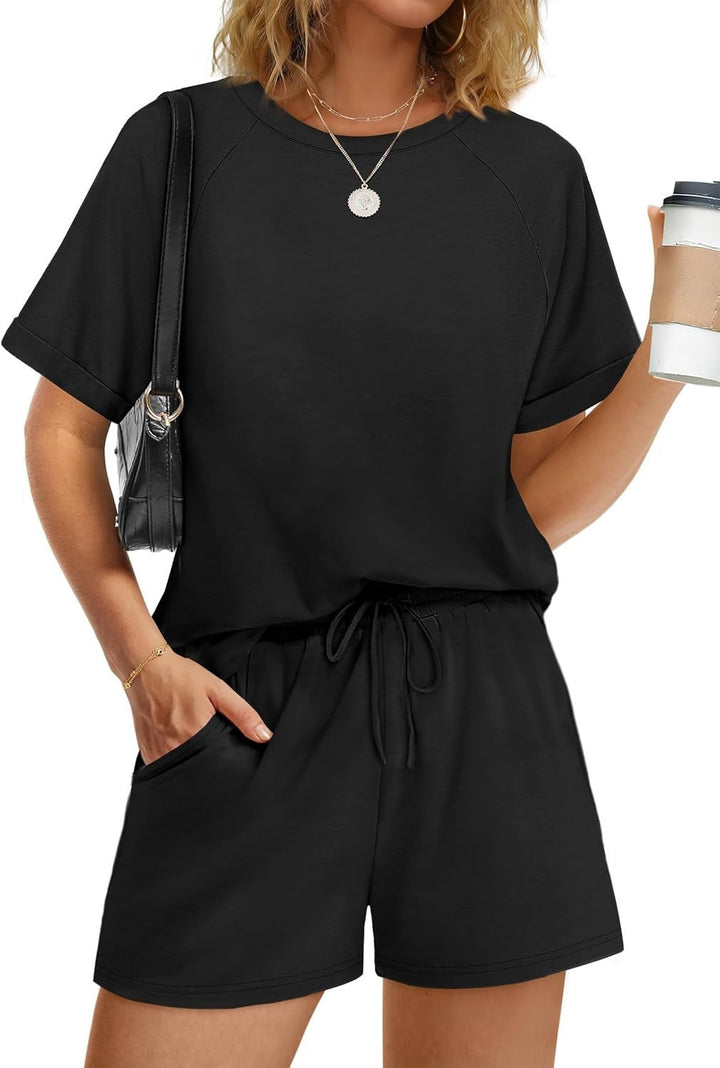 Damen lässiger Kombi aus T-Shirt und Shorts mit elastischem Bund Drune