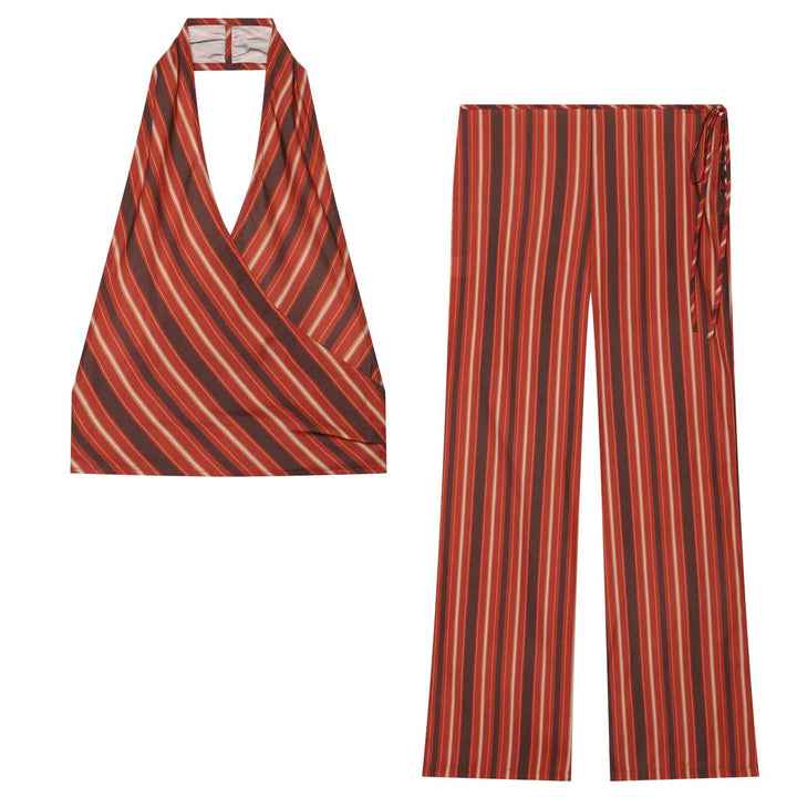Damen Weite Highwaist-Hose mit vertikalen Streifen und seitlicher Bindeschlaufe Drune