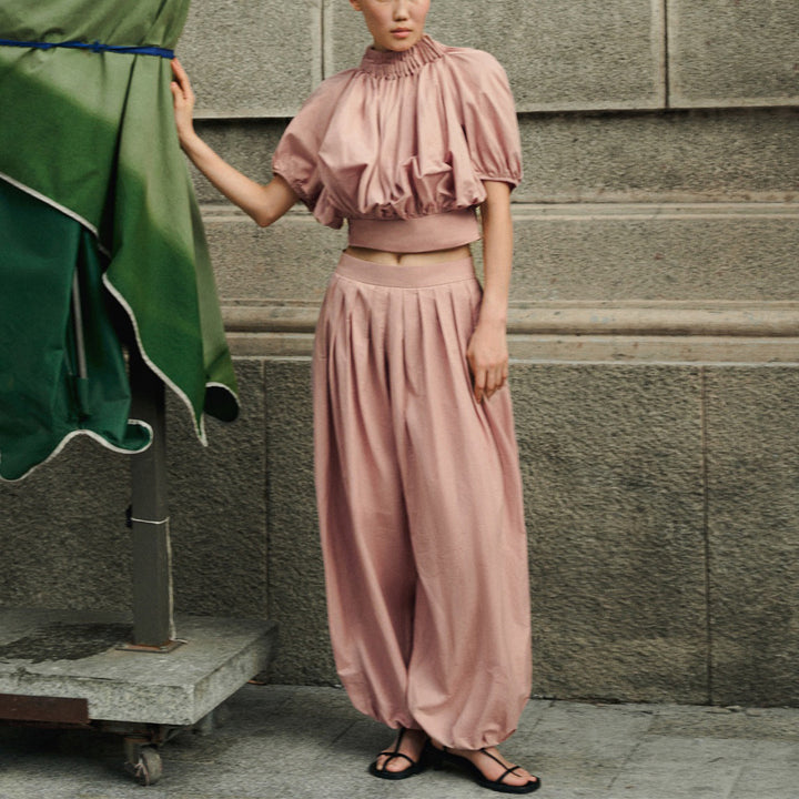 Damen Crop-Top mit voluminösen Puffärmeln und Taillenbetonung Drune