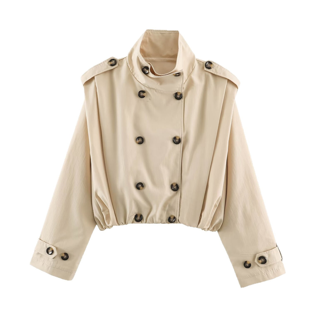 Damen Cropped-Trenchjacke im Blousonstil mit Stehkragen und doppelreihiger Knopfleiste Drune