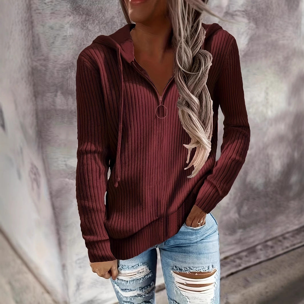 Damen Lässiger Rippstrick-Hoodie mit halbhohem Reißverschluss und Ringzipper Drune