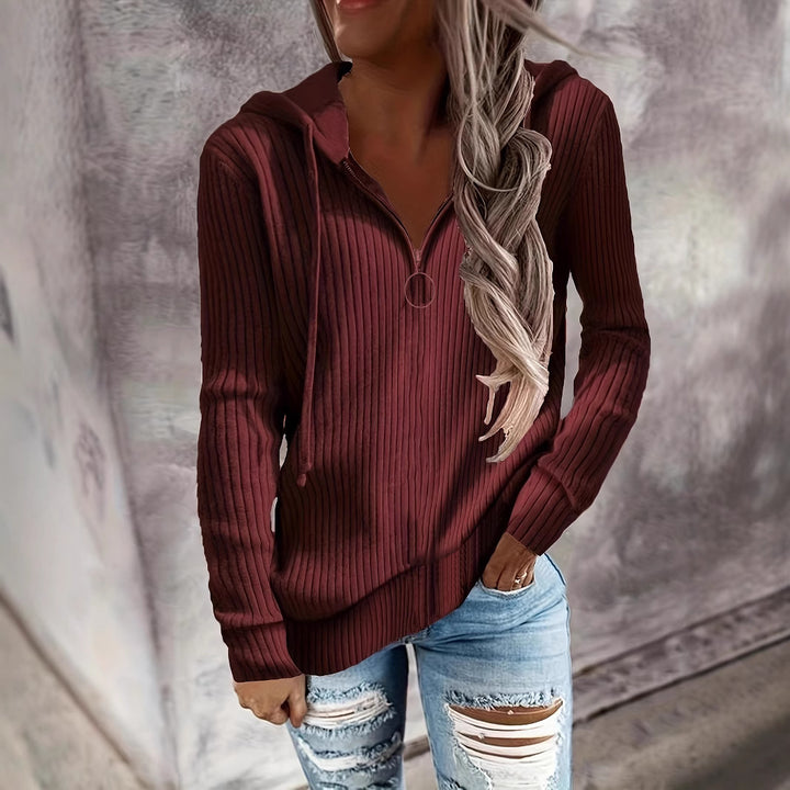 Damen Lässiger Rippstrick-Hoodie mit halbhohem Reißverschluss und Ringzipper Drune