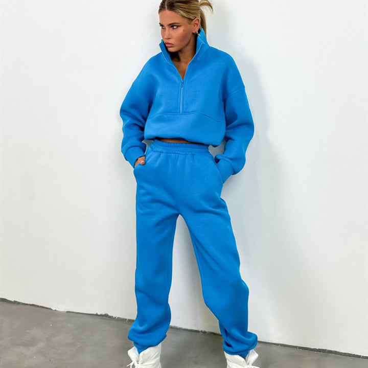 Damen nan cropped Half-Zip Fleece-Set zweiteilig mit hohem Bund und elastischen Bündchen Drune