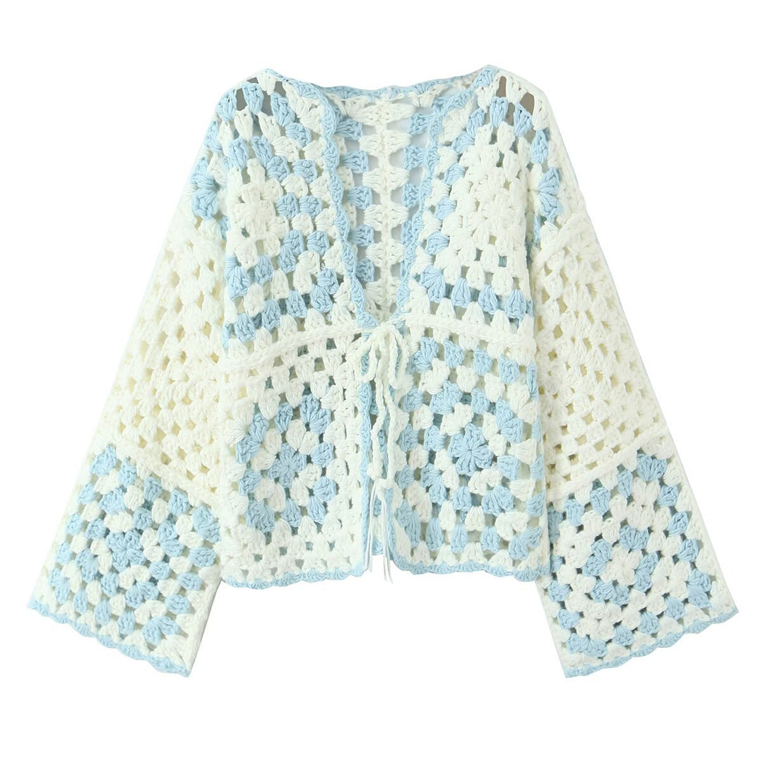 Damen Gehäkelte Granny‑Square Cardigan mit weitem Ärmel und Bindegürtel Drune