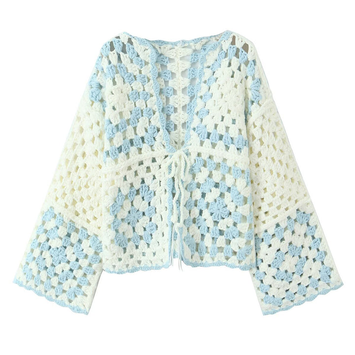 Damen Gehäkelte Granny‑Square Cardigan mit weitem Ärmel und Bindegürtel Drune