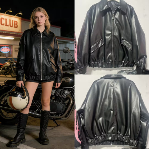 Damen Oversized Kunstleder-Bomberjacke mit Reißverschluss, Pattentaschen und elastischem Saum Drune