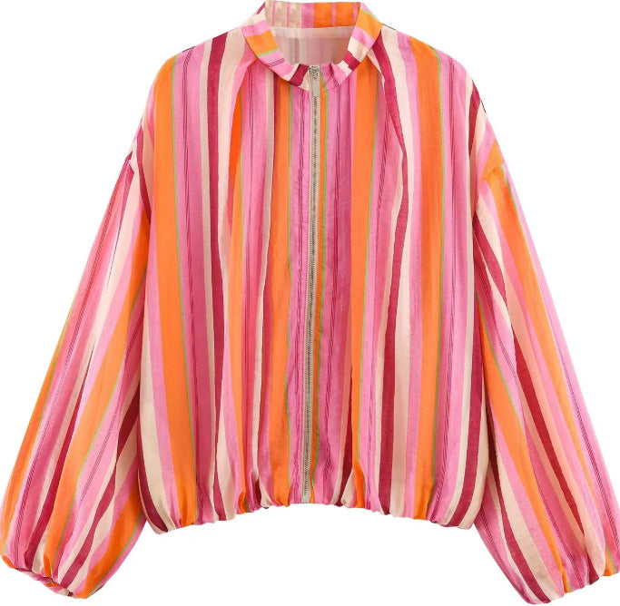 Damen Gestreifte Cropped Blousonjacke mit Stehkragen, Reißverschluss und Ballonärmeln Drune