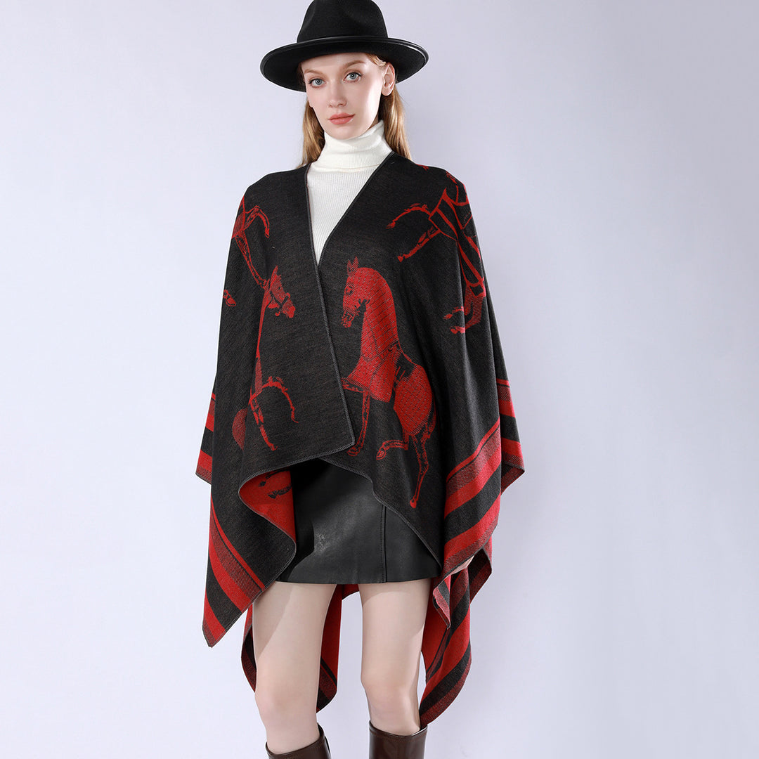 Damen Jacquard-Poncho-Überwurf mit Pferde-Motiv und kastiger Kimono-Silhouette Drune