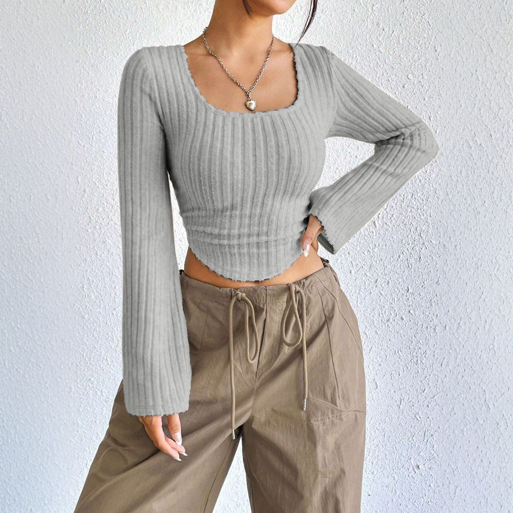 Damen geripptes Crop-Top mit quadratischem Ausschnitt, gewelltem Saum und ausgestellten Ärmeln Drune