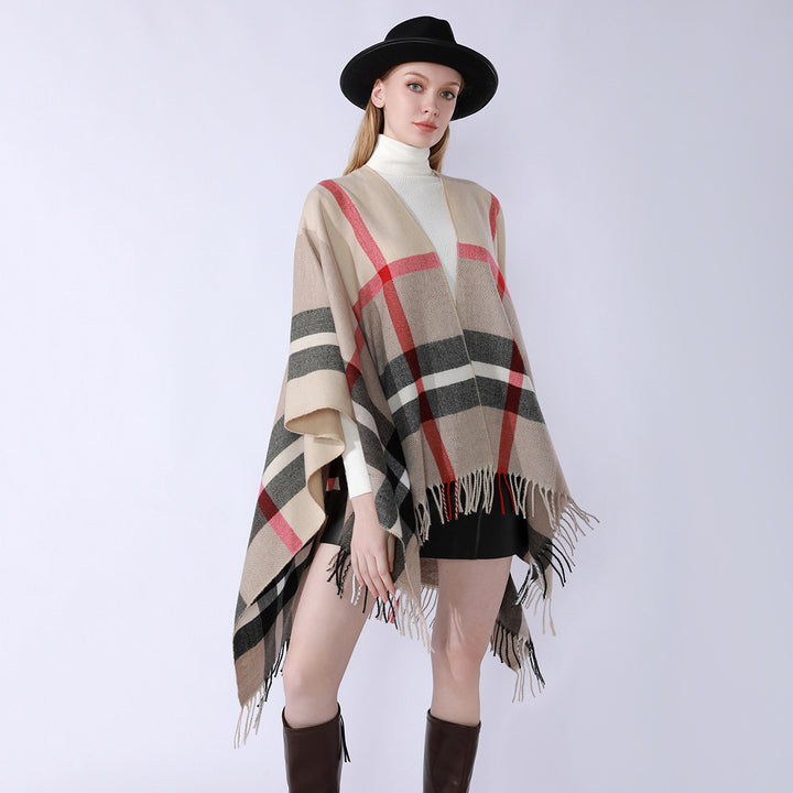 Damen Oversize-Poncho im Kaschmir‑Touch mit V‑Ausschnitt und Fransensaum Drune