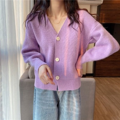 Damen lässige Strickjacke mit V-Ausschnitt und großen Knöpfen Drune