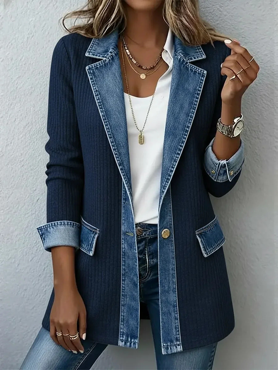 Damen Lange Strickjacke mit Denim-Kragen und Denim-Besatz Drune